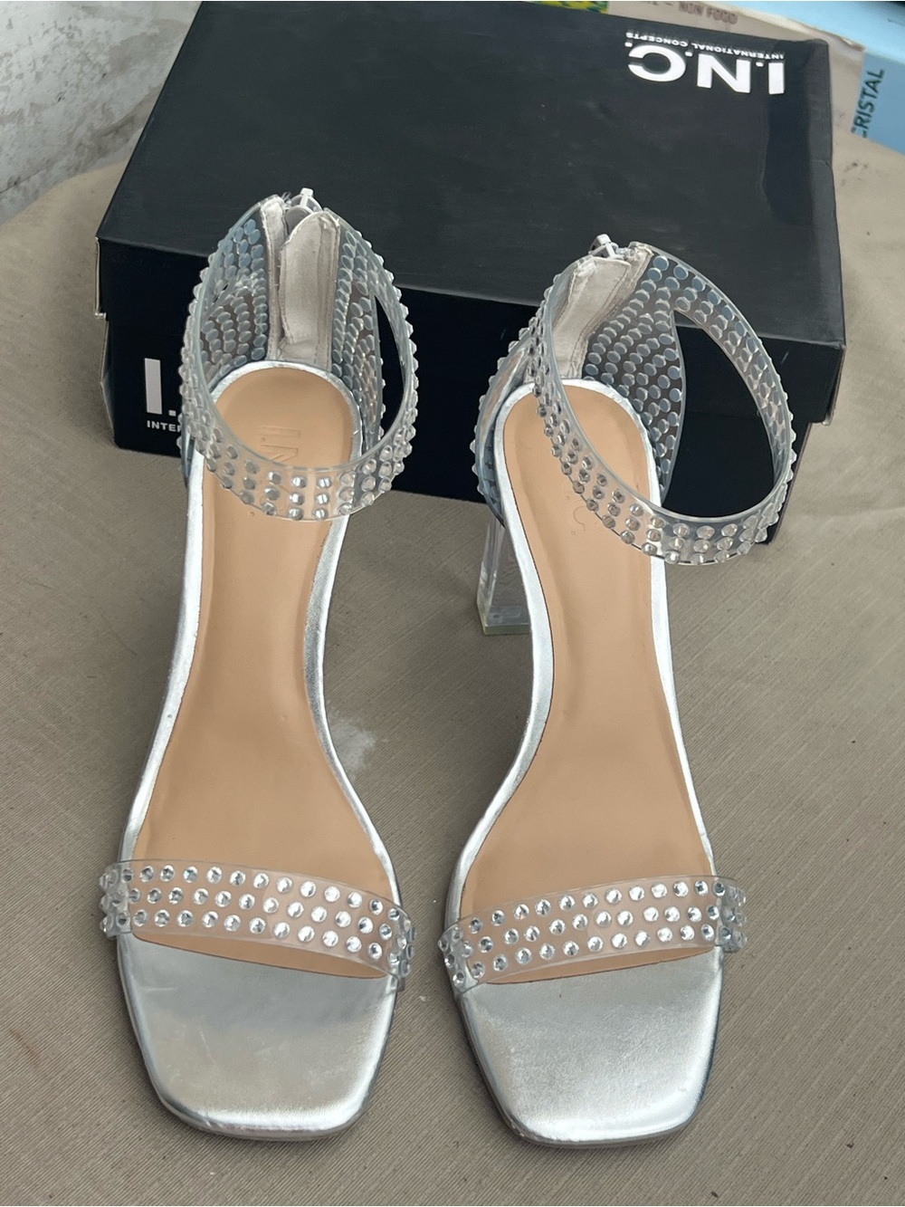 INC International Concepts Silver Studded Clear-Ankle Block Heels